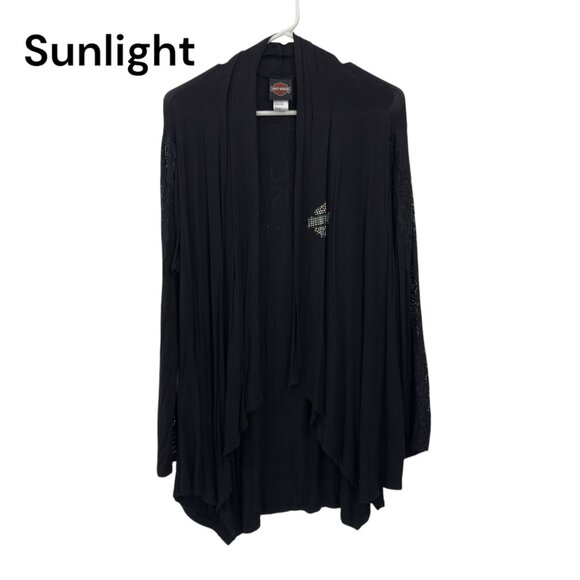 Harley-Davidson Womens L/XL Black Open-Front Cardigan With Graphic Design - Picture 2 of 12